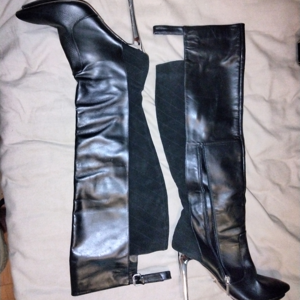 Leather knee high boots.